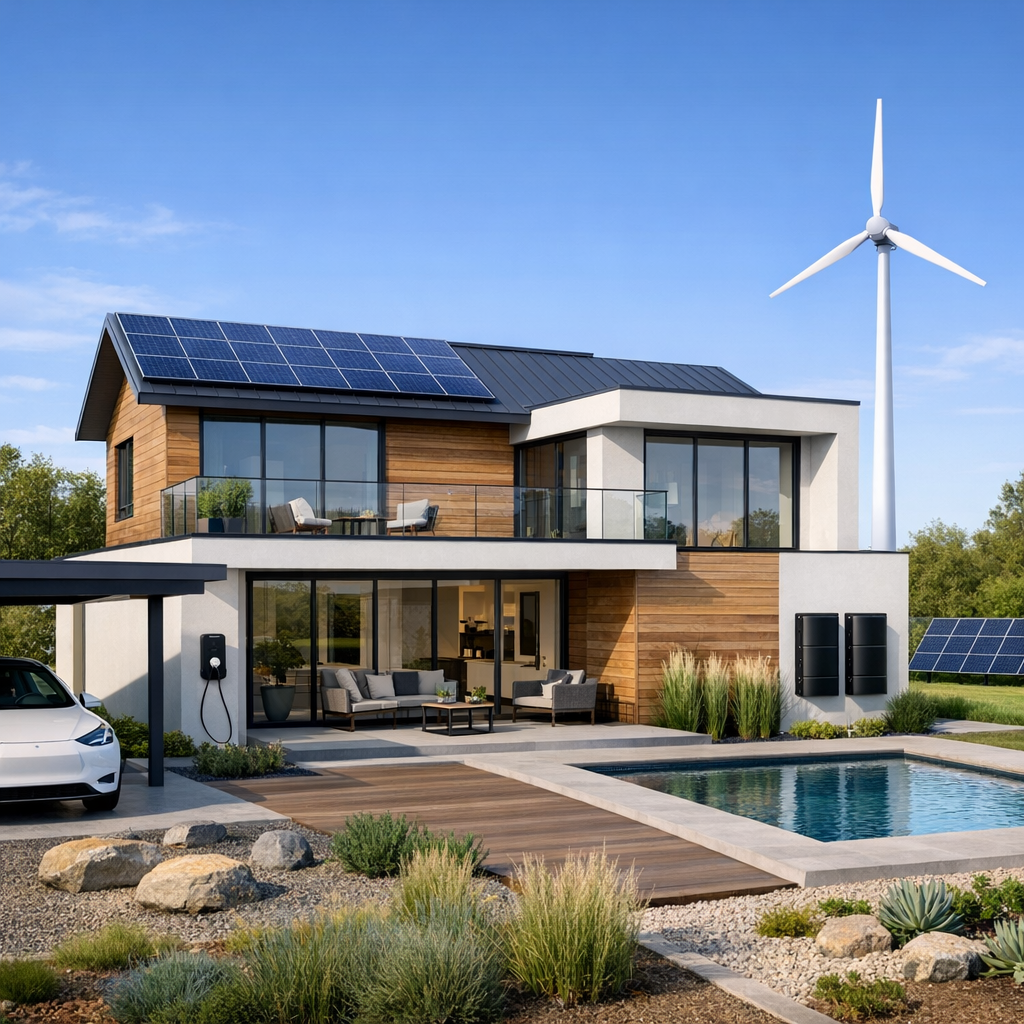 Modern Home with Solar Panels and Wind Turbine